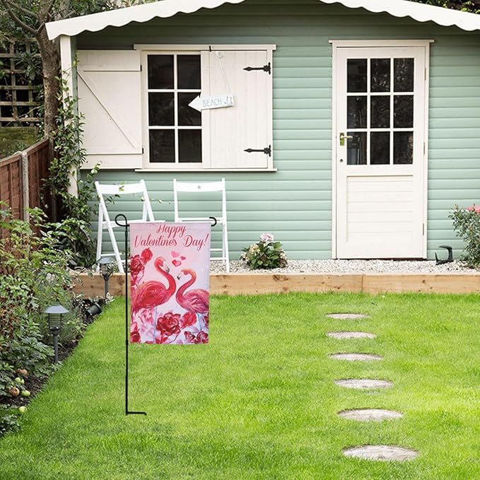 Happy Valentine'S Day Flamingo Rose Garden Flag Welcome Party Outdoor Outside Decorations Picks Home House Garden Yard Decor 12x18 Inch