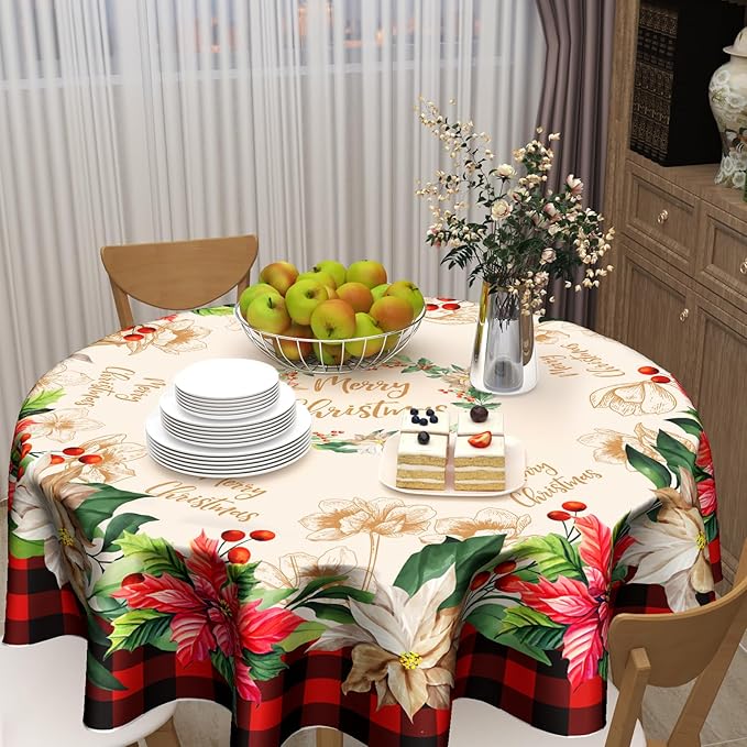 Giwawa Buffalo Check Plaid Christmas Round Tablecloth, Traditional Poinsettia Print Resistant Polyester Table Cloth with Xmas Floral and Berry for Party Decoration/Holiday 60 Inch