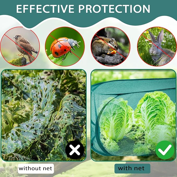 4Pcs 39" x 17" x 16.5" Mesh Pop up Garden Rows Plants Cover with 32 Ground Stakes and 100Pcs Plant Support Clips,Vegetable Mesh Plant Protector Net Cage Guard