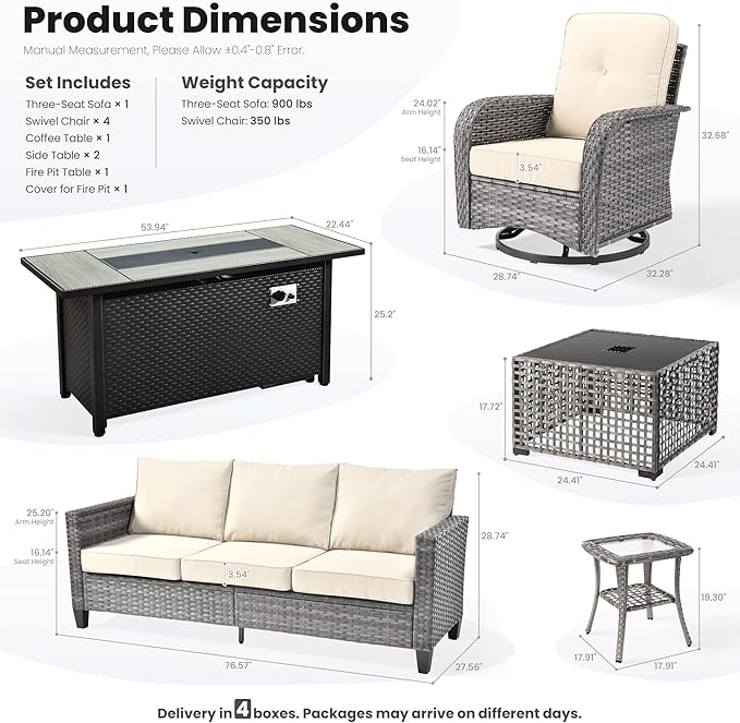 ovios 9 Pieces Patio Furniture Set, Outdoor Wicker Sofa Couch with Rocking Swivel Chairs Fire Pit Table, Modern Deep Seat Rattan Conversation Sets for Porch Deck, Beige