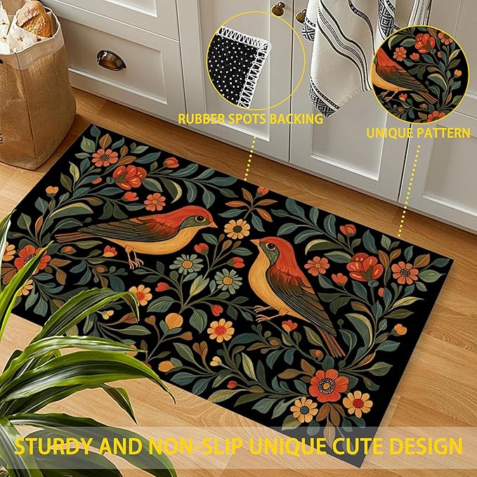 Front Door Mat,Vintage Flowers Birds Doormat Outside Entrance,Non-Slip Rustic Green Leaf Entryway Rug for Porch Patio, Felt Low Profile Welcome Mat Indoor for Hallways, 30 x 17 Inch