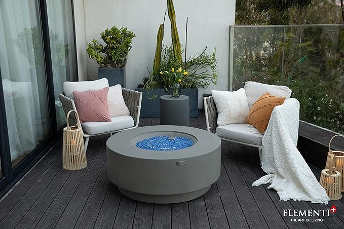 Elementi+ | Colosseo Gas Fire Pit Cast Concrete 40" Dia. Round Fire Table, Outdoor Fire Pit Electronic Ignition | Canvas Cover, Fire Glass and Burner Lid Included | Light Gray | Propane Gas