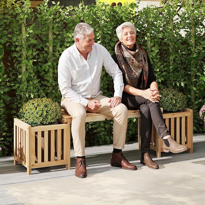 Giantex 2-in-1 Outdoor Bench with 2 Raised Garden Beds, Planter Boxes with Open-Ended Base, Garden Bench Seat for Porch Balcony Lawn Yard, DIY Assembly, Natural