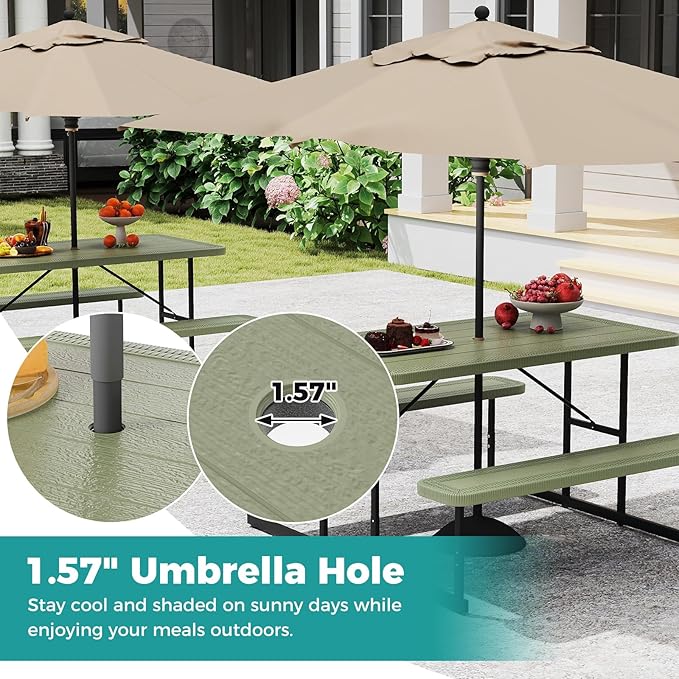 Giantex Picnic Table Bench Set for 4 People, 4.5FT Outdoor Rectangular Dining Table & 2 Benches w/Umbrella Hole, HDPE Tabletop, Metal Frame, Patio Garden Backyard Poolside (4.5FT,Non-Foldable,Green)
