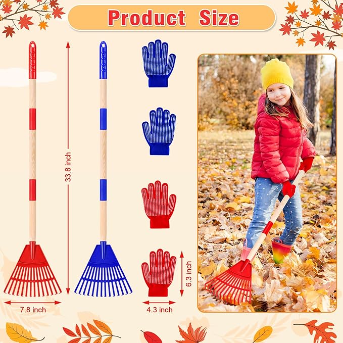 2 Pcs 35'' Kids Rakes for Leaves - Plastic Rake Head with 2 Pairs Kids Gloves, Small Kids Lawn Rakes Detachable Wooden Handle, Autumn Garden Tool Set for Kids Boys and Girls, Red & Blue, 3yr+