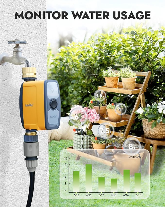 RAINPOINT WiFi Water Timer, Smart Hose Timer for Garden Hose, WiFi Irrigation Controller, Smart Sprinkler System Valve, APP & Voice Control, Weather-Based Automatic Rain Delay, Brass Inlet & Outlet