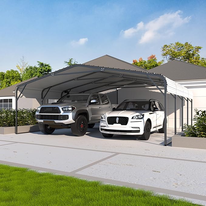 20x20 FT Carport with Metal Roof, Heavy Duty Metal Carport Canopy, Garage Car Shelter Shade for Outdoor, Car, Truck, Eggshell