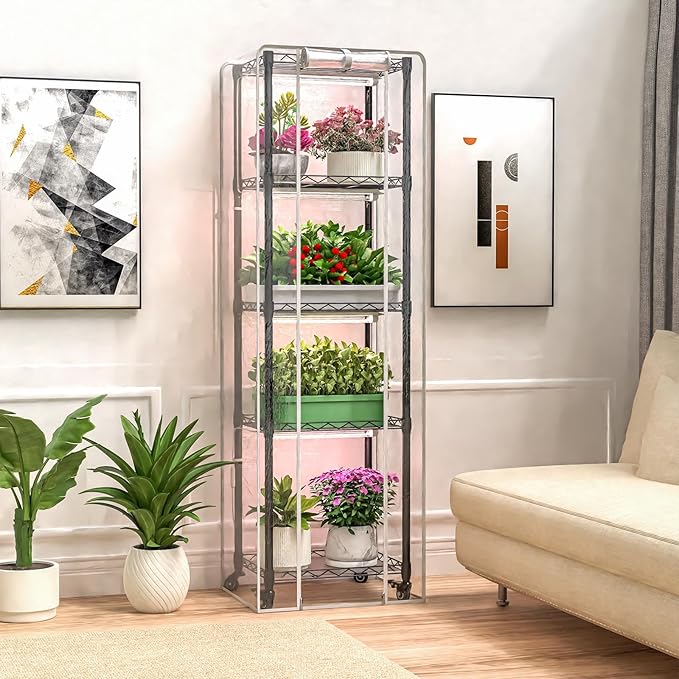 Indoor Greenhouse with Grow Lights,with 40W Full Spectrum Growing Lamps for Seed Starting, 5 Tier 15.7" L×11.8" W×62.3" H Mini Greenhouse，Grow Light Shelf with Tent and Thermometer