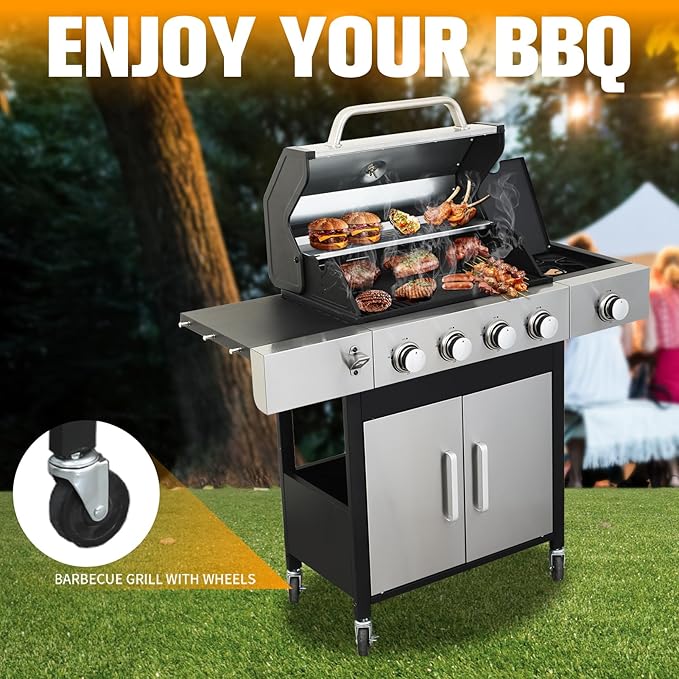 CIG GARDEN 4 Burner Propane Gas Grill with Side Burner,3 in 1 Propane Gas BBQ Grill,Double-layer Stainless Steel BBQ Grill Lid with Cast Iron Grates,52000 BTU Output for Camping, Patio, Backyard