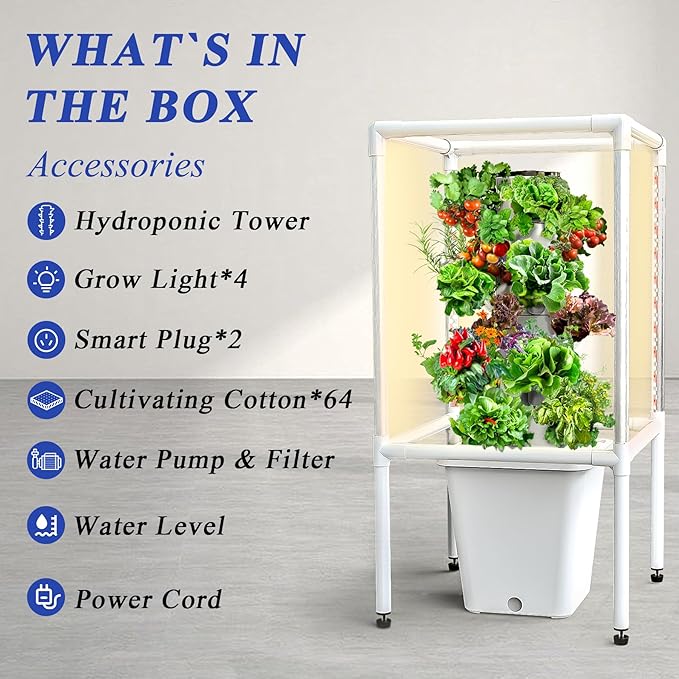 Sjzx Hydroponics Growing System, 18-Plant Indoor Vertical Garden with LED Timing Grow Light, Germination Kit Including Water Level, 2Pcs Smart Plug