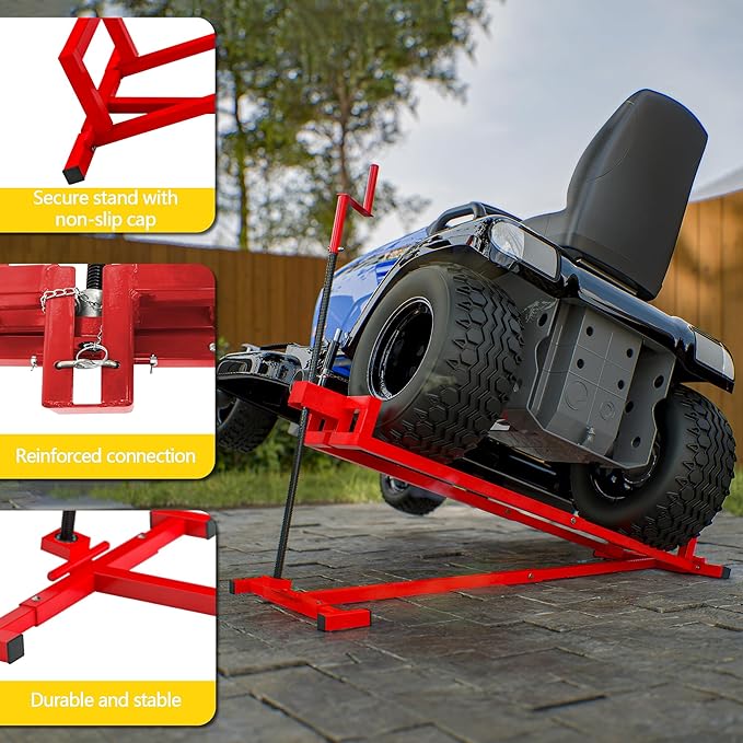 Ride-On Lawn Mower Jack Lift - Telescopic Maintenance Jack for Garden Tractors and Riding Lawn Mowers, 880 lbs Weight Capacity, Manual and Power Tool Handles Included