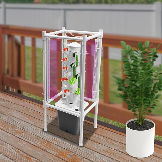 Hydroponics Growing System Kit, 6 Layers 30 Holes Indoor Gardening System Vertical Planter Germination Kit w/Water Pump, Hydroponic Natural Balanced Tower System for Chilies, Mint (Gray)