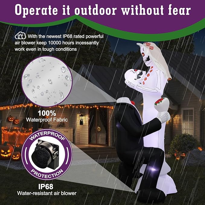Halloween Inflatables Giant 8Ft Tall Skeleton Couple Day of The Dead Outdoor Decorations, Spooky Blow Up Skull Lovers Yard Decor Built-in 10 LED Lights for Outside Party Lawn Garden