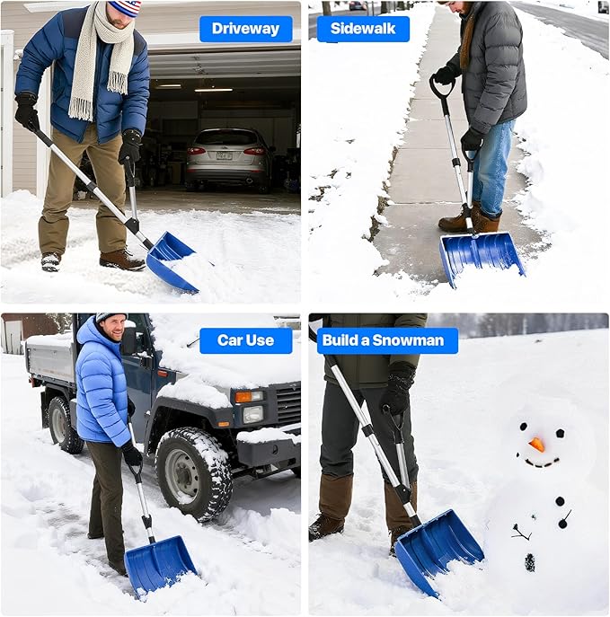 Ergonomic Snow Shovel for Driveway and Car, 51 Inch Long Heavy Duty Snow Shovels for Snow Removal with Assist Handle, Large Capacity Lightweight Winter Tool for Garage, Camping
