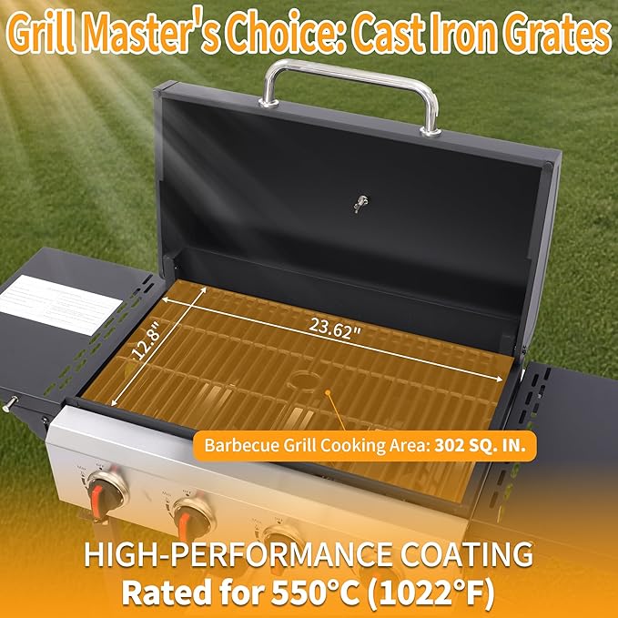 4-Burner Propane Gas Grill with Cast Iron Grates, 302 Sq. In. BBQ Grilling Space, Foldable Side Shelves for Portable Outdoor Patio Camping, Black