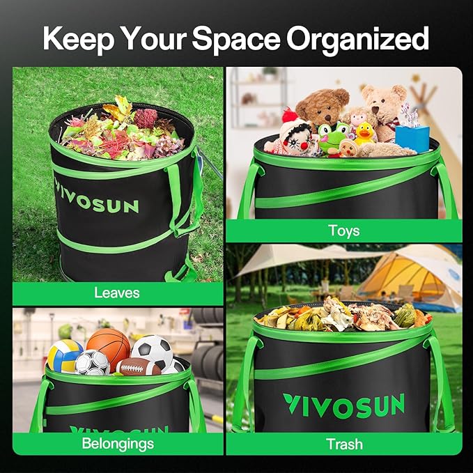 VIVOSUN 30-Gallon Collapsible Trash Can, Reusable Pop-Up Garden Bag with Hard-Shell Bottom, Leaf Scoops and Gloves, Yard Waste Container for Lawn Care and Camping, 2-Pack