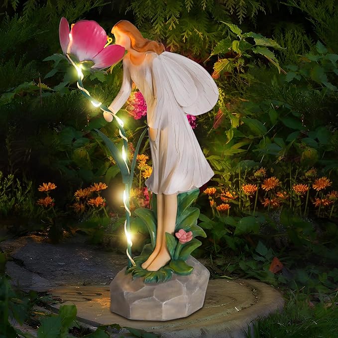 Fairy Garden Statue Outdoor Decor, Solar Powered Garden Sculptures Fairy Resin Statues Waterproof Pink Flower Solar LED Lights Yard Art Decorations for Outside Patio Lawn Decor