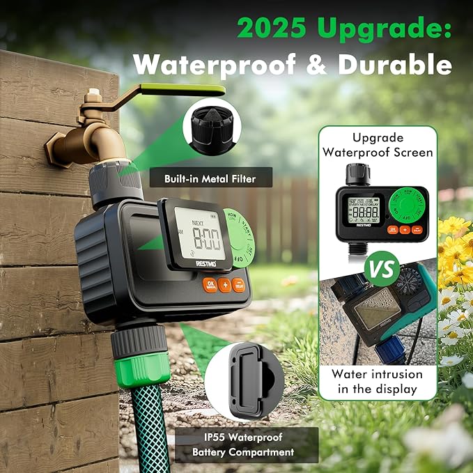 [2 Pack] RESTMO Sprinkler Timer, Programmable Water Timer for Garden Hose, Automatic Digital Control | Manual ON/Off | Rain Delay for Outdoor Faucet, Drip Irrigation and Lawn Watering System