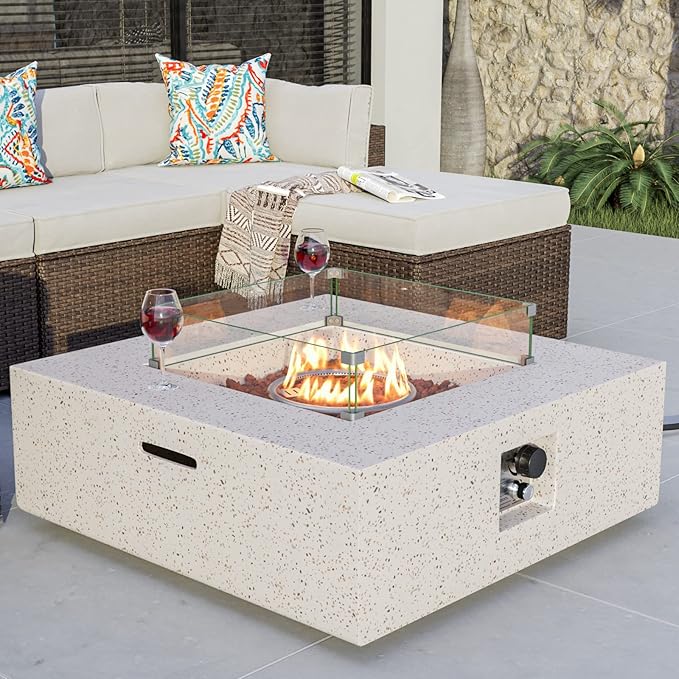COSIEST Square Outdoor Sandstone Propane Fire Pit w Wind Guard, CSA Certified, 50,000 BTU Stainless Steel Burner, 35-inch, Free Lava Rocks and Rain Cover, Tank Outside, Metal Lid