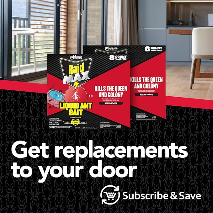 Raid Max Liquid Ant Bait; Kills Ants Where They Breed, for Indoor and Outdoor Use; 8 Bait Stations