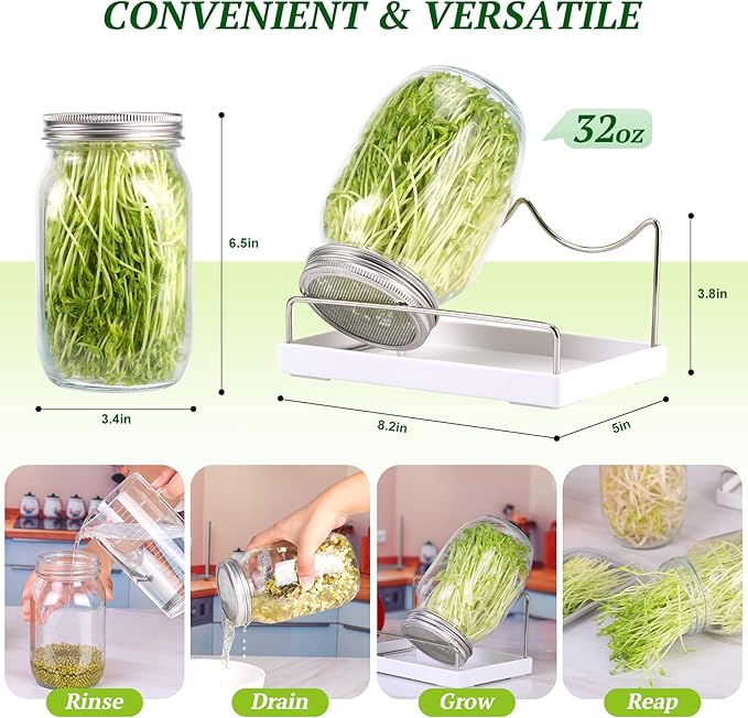Premium Sprouting Jar Kit 2Pcs Large Wide Mouth Mason Jars With Screen Sprout Lid,Sprouting Jar Stand,Tray,Blackout Sleeves,-Seed Sprouting Kit For Growing Mung beans,Broccoli