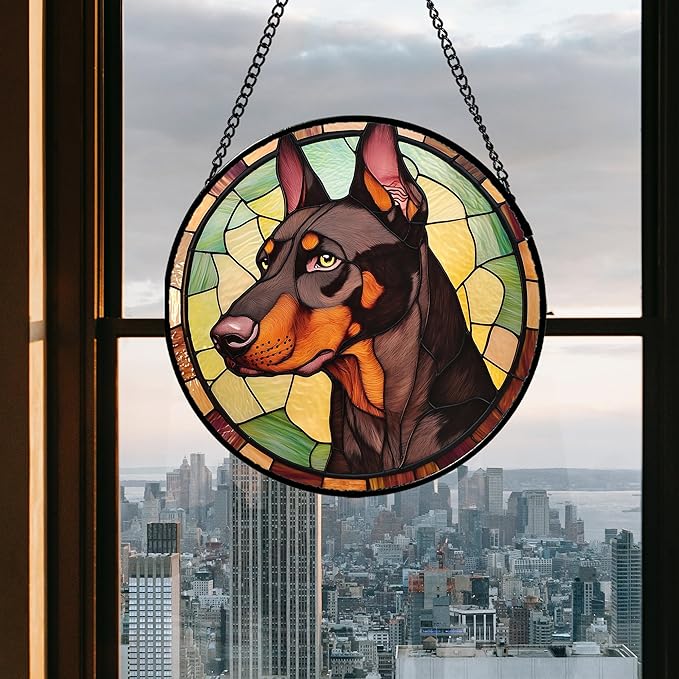 Stained Glass Window Hanging - Funny Dark Brown Doberman Pinscher Suncatcher for Door Terrace Garden Home Decor, Pet Dog Sun Catcher Birthday Gifts for Lovers Women Men Dad Mom Nana 15 in