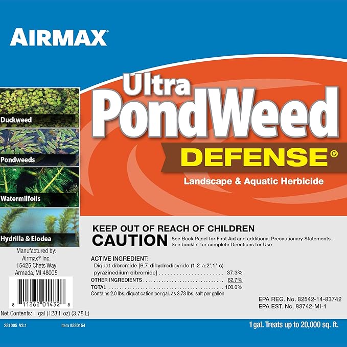 Airmax Ultra Pondweed Defense Aquatic Weed & Plant Killer, Easy Spray Application to Clean & Clear Large Pond & Lake Water, Liquid Treatment Control Concentrate, Fish, Pet & Animal Safe, 1 Gallon