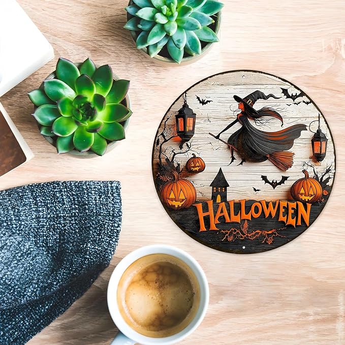 PEACHGARDEN Round Happy Halloween Witch Vintage Sign Pumpkin Metal Tin Sign for Home Bar Kitchen Hotel Dining Room Coffee 8x8inch