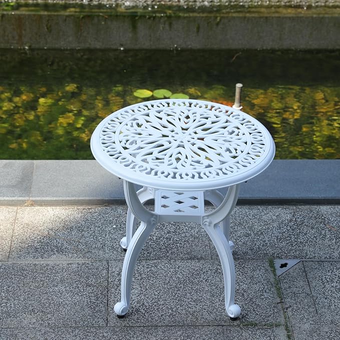 KAILI Outdoor Cast Aluminum Side Table Patio Side Table Backyard, Pool, Indoor, Easy Maintenance and Weather Resistant Coffee Table Porch Table Bistro Table (18.5round-White)