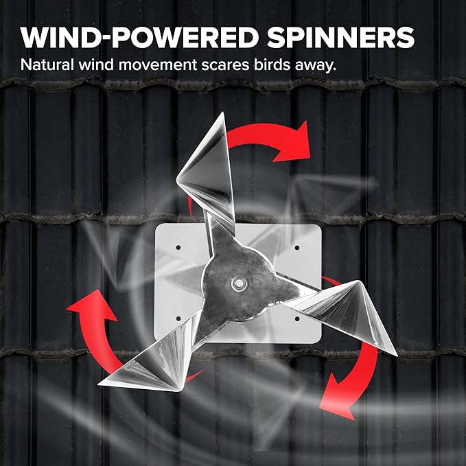 Bird B Gone - Reflect-A-Bird - Reflective Spinning Deterrent - Repels Pigeons, Sparrows, & Woodpeckers - Wind Powered - for Gardens, Railings, Roofs, Etc - Weatherproof Aluminum - Adjustable Neck