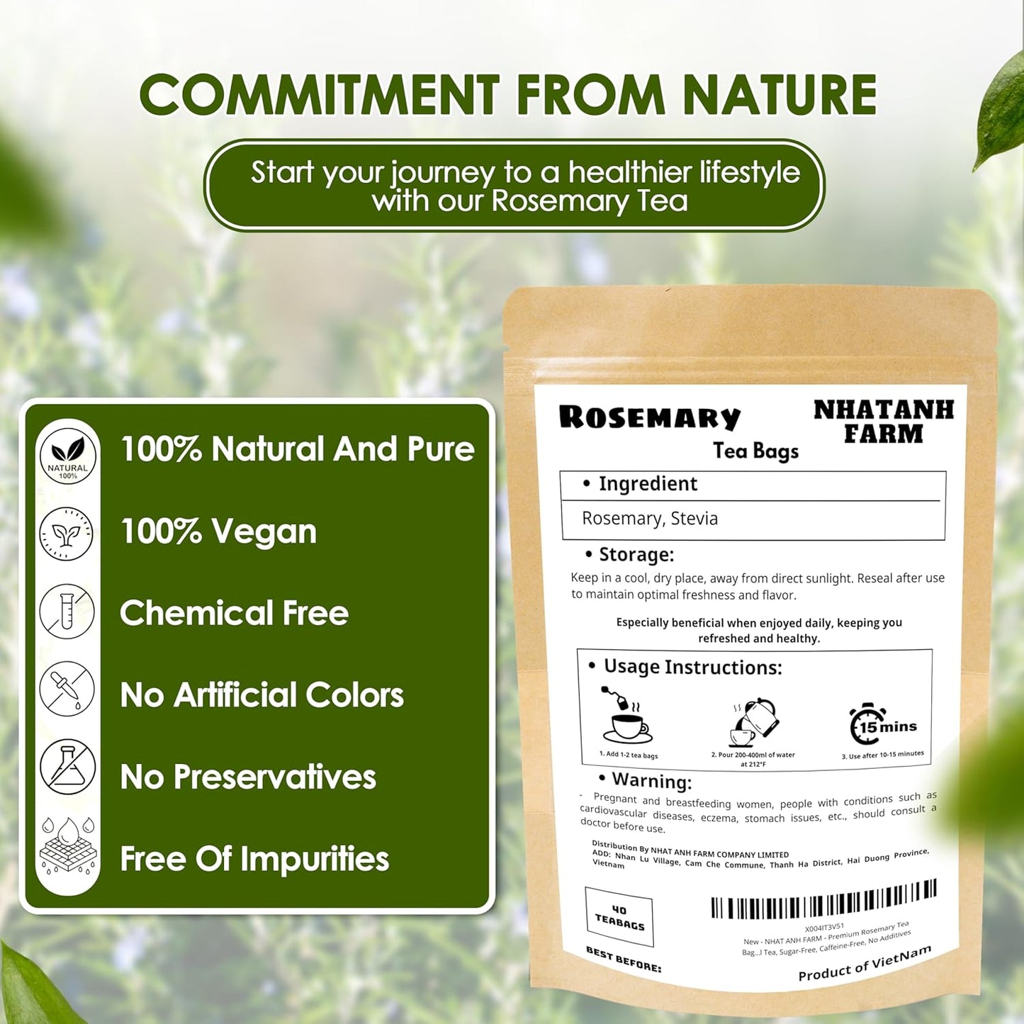 NHAT ANH FARM Premium Rosemary Tea Bags, 40 Count, 100% Natural Dried Rosemary Leaves, Naturally Sweet Herbal Tea, Sugar-Free, Caffeine-Free, No Additives