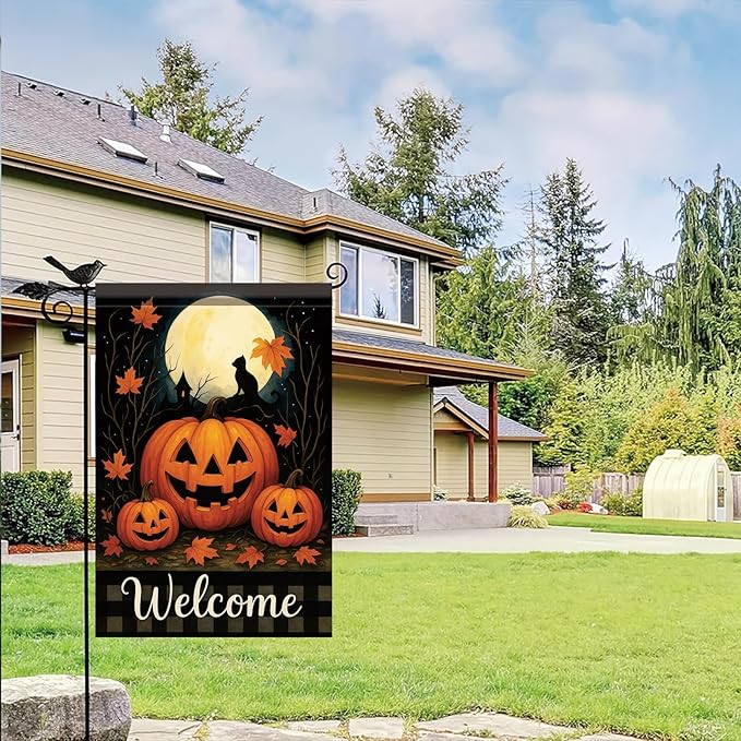 Halloween Garden Flag Pumpkin Cat Full Moon Flag 12x18 Inch Double Sided Outdoor Yard Banner for Trick or Treat Haunted House Fall Halloween Decoration Decor