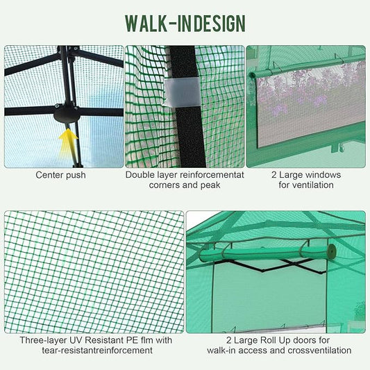 11 x 8.5 FT Walk-in Greenhouse, Portable Pop-up Green House 3 Adjustable Hights Heavy Duty Plant Gardening Canopy with Durable PE Cover for Indoor Outdoor (Clear and Green)