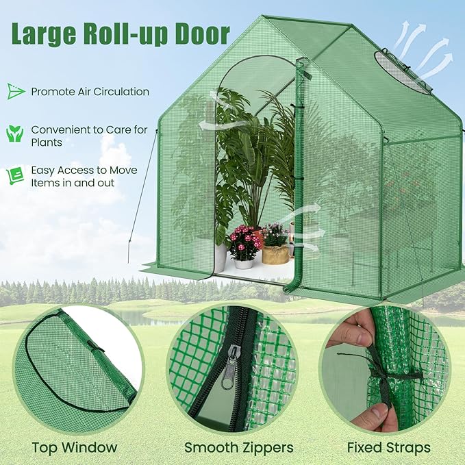 HAPPYGRILL Walk-in Greenhouse, 6 x 3 x 5.5 FT Portable Outdoor Green House for Winter w/ PE Cover, Rustproof PE-Coated Metal Frame, Roll-up Zippered Door, Window, Greenhouse for Outdoors
