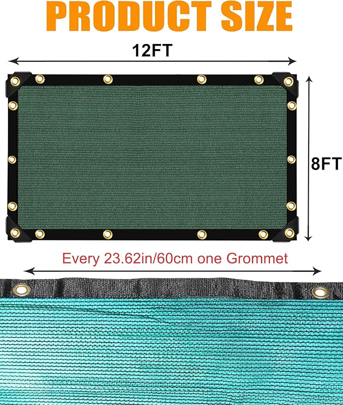 e.share 70% Shade Cloth for Garden, 12 Ft X 8 Ft Sun Shades Outdoor Patio with Grommets for Plant Covers,Porch Screen,Pergola Shade Cover,Greenhouse,Green