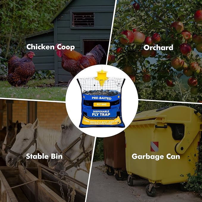 10 Fly Traps Hanging Outdoor, Natural Pre-Baited Fly Bag Outdoor Disposable, Fly Catcher, Killer, Hunter, Stable, Farm, Barn, Ranch, Fly Trap for Mosquitoes