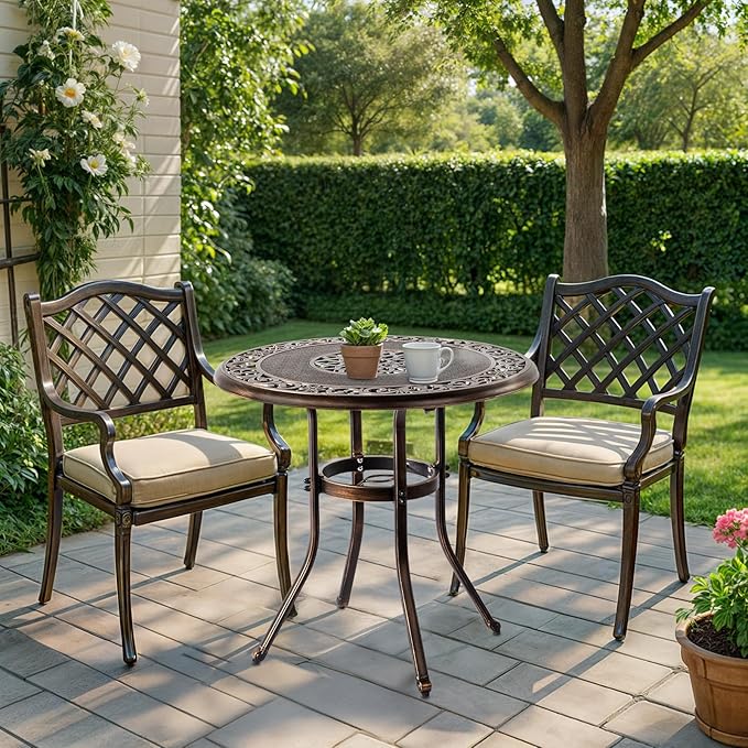 Outvita Outdoor Dining Table, Cast Aluminum Round Patio Bistro Table with Umbrella Hole Weather Resistant Aluminum for Balcony Poolside Garden Lawn