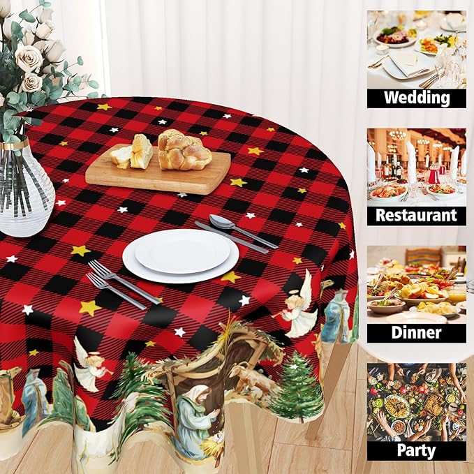 Giwawa Xmas Round Tablecloth 60 Inch, Farmhouse Vintage Red Buffalo Plaid Reusable Washable Polyester Table Cover for Party Picnic Dinner Indoor Outdoor Winter Holiday Decor
