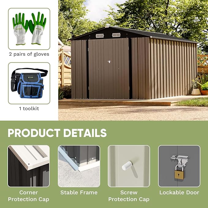Patiolife 8 x 12 FT Metal Storage Shed for Outdoor, Steel Shed with Design of Lockable Doors, Utility and Tool Storage for Garden, Backyard, Patio, Outside Use, Brown