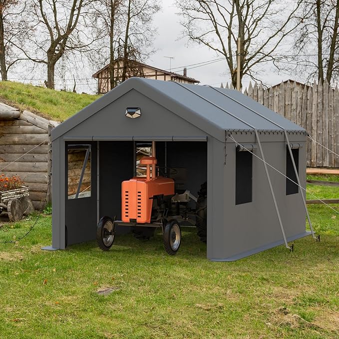 10x16 Carport Canopy, Heavy Duty Car Port, Portable Car Ports Garage with 2 Roll-Up Zipper Drive Through Doors, Grey