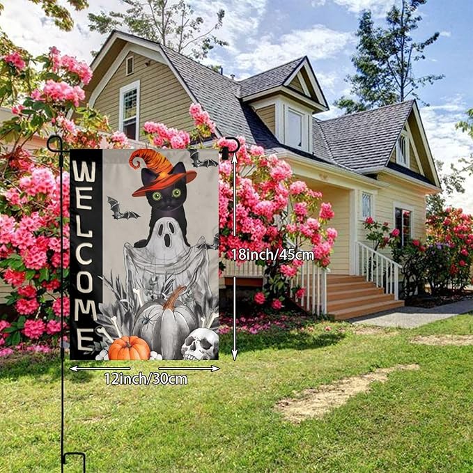 Halloween Ghost Cat Boo Pumpkin Skull Bat Garden Flag Welcome Party Outdoor Outside Decorations Picks Home House Garden Yard Decor 12x18 Inch