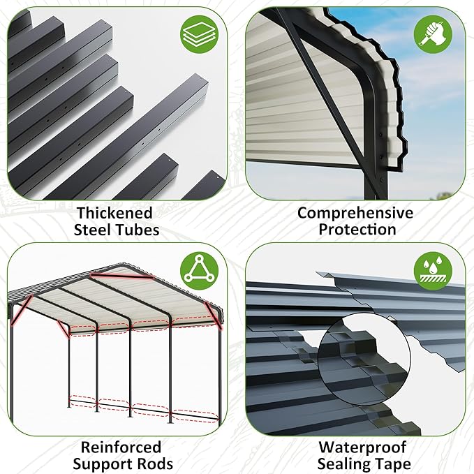 Carport 10x15 FT Metal Carport with Reinforced Base Outdoor Heavy Duty Garage Galvanized Car Shelter for Pickup, Boat, Car and Tractors