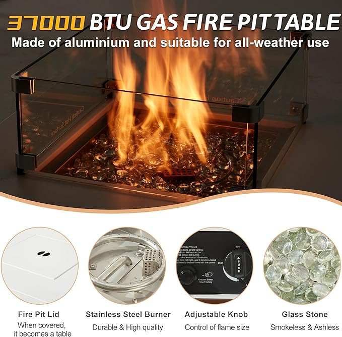MBY 22" Aluminum Fire Pit Table, 37,000 BTU Gas Firepit for Outdoor Patio Deck and Garden, CSA Certified Fire Pit with Lid, Waterproof Cover, Glass Wind Guard and Glass Stone, Brown