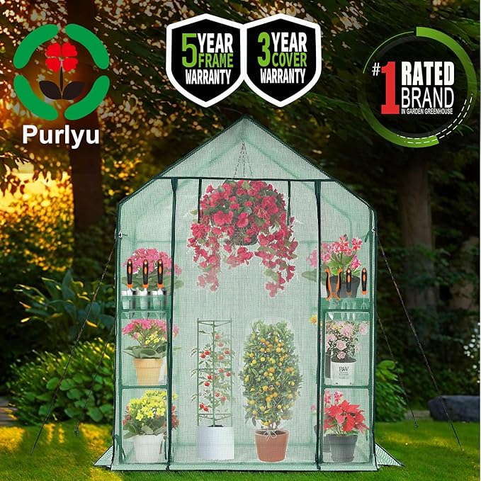 Walk-in Greenhouse 3 Tiers 6 Shelves Roll-Up Zipper Door -28x56x76 inch PE Greenhouse Cover for Outdoor Plant Gardening Plants Cold Frost Protection Wind Rain Proof(PLGHW001G-N)