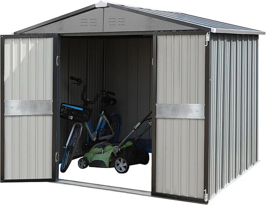 MUPATER 10' x 10' Outdoor Storage Shed with Double Doors, Garden Metal Shed, Utility Tool Shed Storage for Backyard, Patio and Lawn with Vents, Grey