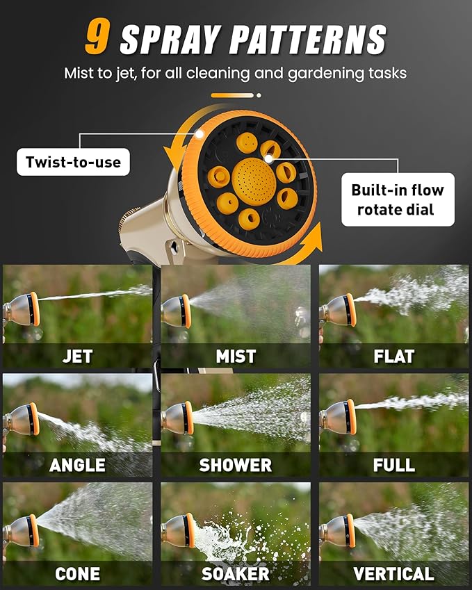 RAINPOINT Garden Hose Nozzle, Heavy Duty Metal Water Hose Sprayer Nozzle with 9 Adjustable Spray Patterns, High Pressure Hand Sprayer for Watering Plants, Lawns, Car and Pet Washing (2, Orange)