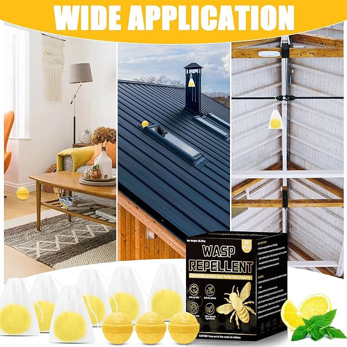 36PCS Wasp Repellent Balls, Natural Peppermint Oil Bee Repellent for Indoor Outdoor Home Kitchen, Natural Pest Control, Repels Bee, Yellow Jacket, Hornet, Wasp, Safe for Pet Kids