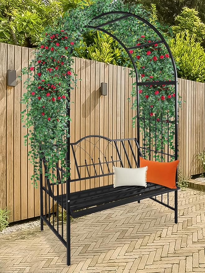 Kalolary Garden Arch with Bench, Heavy Duty Metal Garden Arbor for Climbing Plant & Bench Vines Climbing Support for Lawn Yard Patio Decor (81"x45")