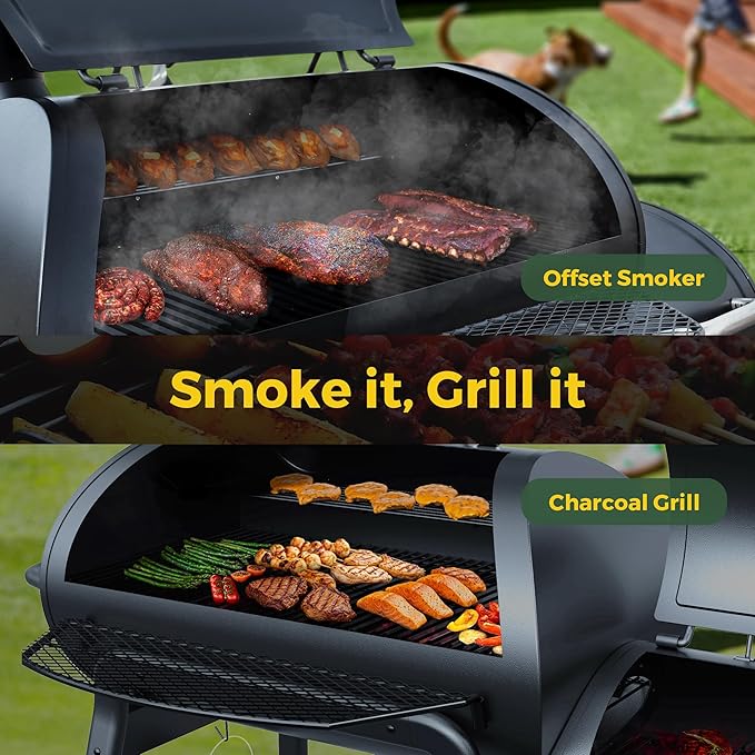 Brand-Man Charcoal Grill Offset Smoker, Heavy-Duty Barrel BBQ Grill Smoker Combo with Side Fire Box for Outdoor Patio and Backyard Cooking