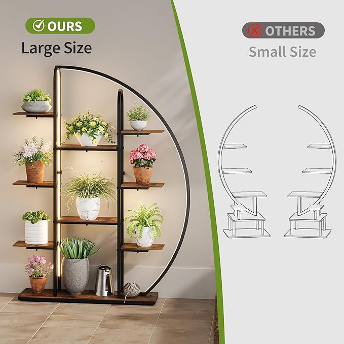 Big Plant Stand Indoor with Grow Lights and LED Light, 61”Tall Metal Plant Shelf Flower Stand for Multiple Plants, 9 Tier Moon-Shaped Plant Rack Large Display Plant Holder for Living Room Balcony